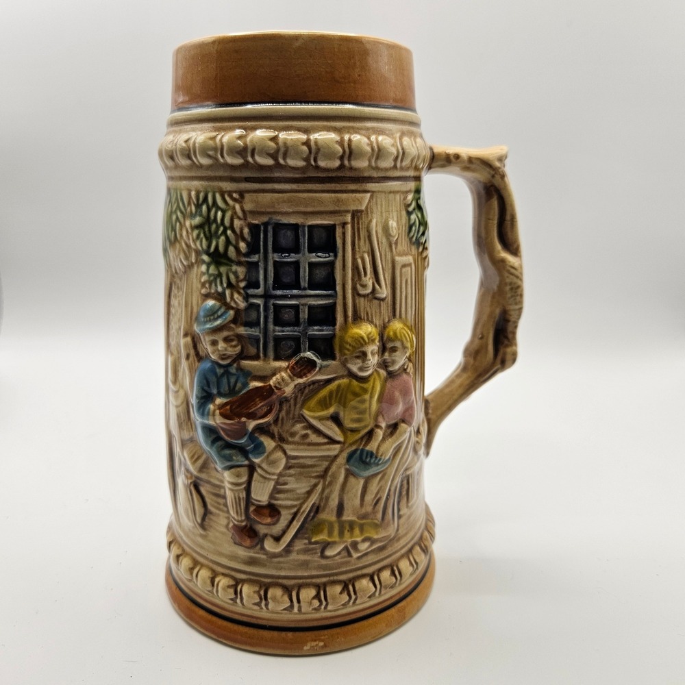 Vintage German Beer Stein Mug Embossed Musical Tavern Scene Froh Gemut